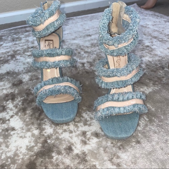 - Laura Marano Not Rated Platform Heels Blue Jean Fringe 5 inch Open Toe SZ 8 - Picture 6 of 11